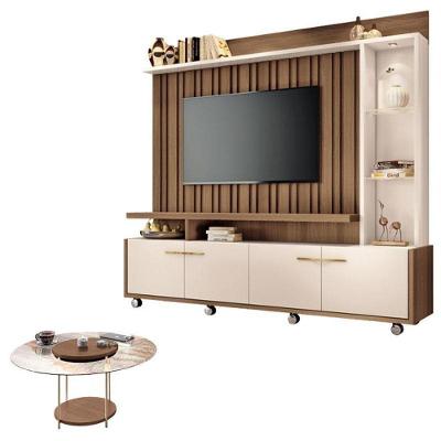 Estante Home Theater Titan Off White Castanho E Mesa De Centro Sky Com Tampo De Vidro Castanho - Hb Móveis