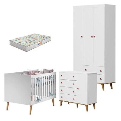 Quarto De Bebê Fernanda 3 Portas Com Berço Ludmila Branco Acetinado Bétula E Colchão Gazin – Carolina Baby