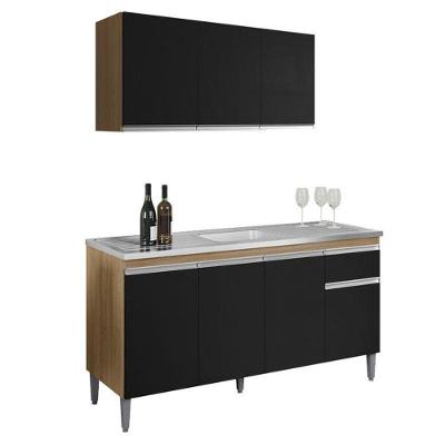 Balcão De Pia Tatiane 145 Cm E Armário Aéreo Andreia 3 Portas 120 Cm Amêndoa Preto – Ajl