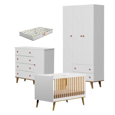 Quarto De Bebê 3 Portas Fernanda Com Berço Ligia Branco Acetinado Bétula E Colchão Gazin – Carolina Baby