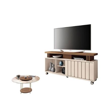 Rack Bancada Rivera 1.3 Com Mesa De Centro Sky Com Tampo De Vidro Castanho Off White – Hb Móveis