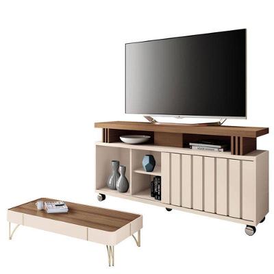 Rack Bancada Rivera 1.3 Com Mesa De Centro Cadenza Castanho Off White – Hb Móveis