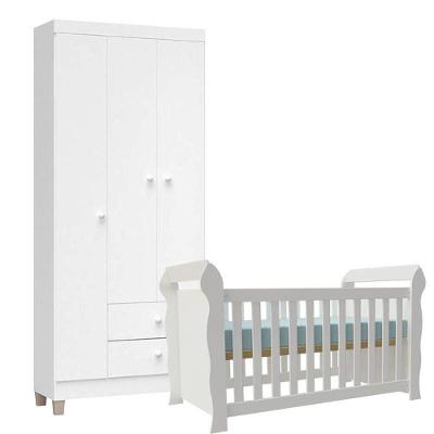 Berço Americano Lara E Guarda Roupa Ternura Baby 3 Portas Branco Brilho - Incorplac