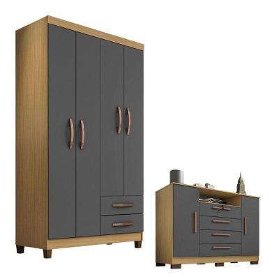 Guarda Roupa Solteiro Modena 4 Portas E Cômoda Madri Carvalho Americano Grafite – Incorplac