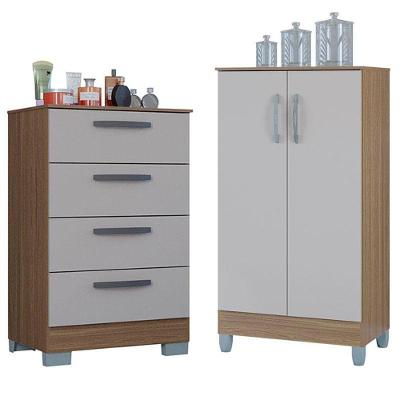 Cômoda 867 4 Gavetas Com Armário Multiuso 2 Portas Pequeno Castanho Off White - Poquema
