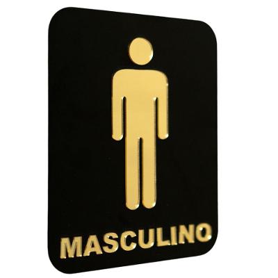 Placa Acrílico Banheiro Masculino Preto Relevo Dourado 20x15