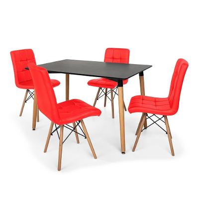 Kit Mesa Jantar Eiffel 120x80 Preta + 4 Cadeiras Eiffel Gomos Estofada Vermelha
