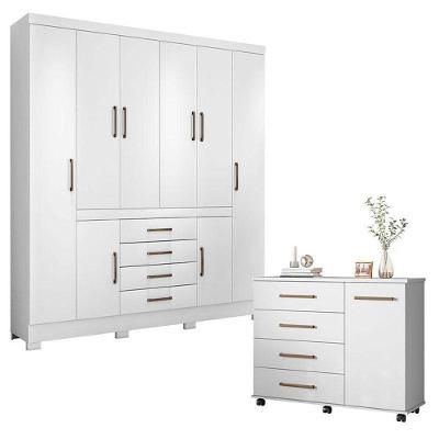 Cômoda Flora E Guarda Roupa Casal New Realce Branco - Demóbile