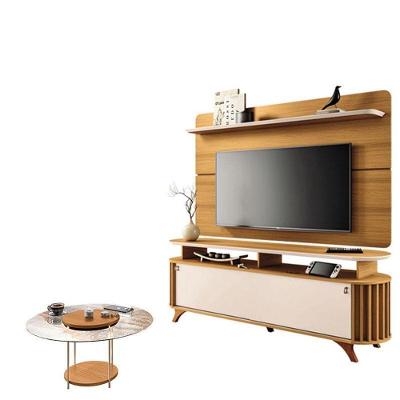 Rack Bancada Alba Com Painel Curv Com Mesa De Centro Sky Com Tampo De Vidro Cinamomo Off White – Hb Móveis