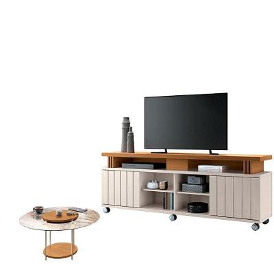 Rack Bancada Rivera 1.8 Com Mesa De Centro Sky Com Tampo De Vidro Cinamomo Off White – Hb Móveis