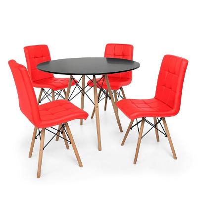 Kit Mesa Jantar Eiffel 120cm Preta + 04 Cadeiras Gomos Vermelha