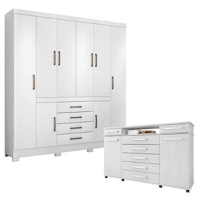 Cômoda London E Guarda Roupa Casal New Realce Branco - Demóbile