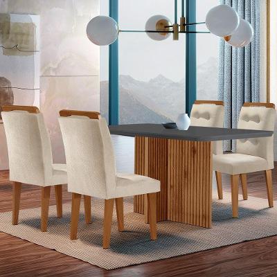Sala De Jantar Mesa Olímpia 120cm Mdf Canto Copo Com 4 Cadeiras Carol Creme, Grafite E Imbuia