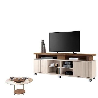 Rack Bancada Rivera 1.8 Com Mesa De Centro Sky Com Tampo De Vidro Off White Castanho – Hb Móveis