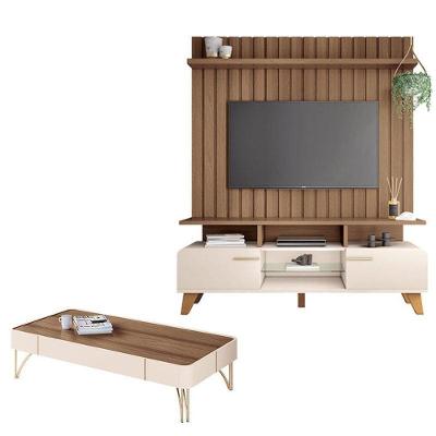 Rack Bancada Essenza E Painel Link 1.6 Com Mesa De Centro Cadenza Off White Castanho – Hb Móveis
