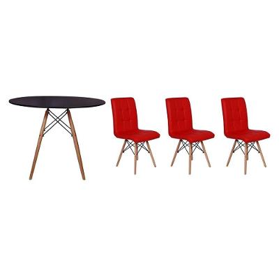 Kit Mesa Jantar Eiffel 90cm Preta 3 Cadeiras Gomos Vermelha