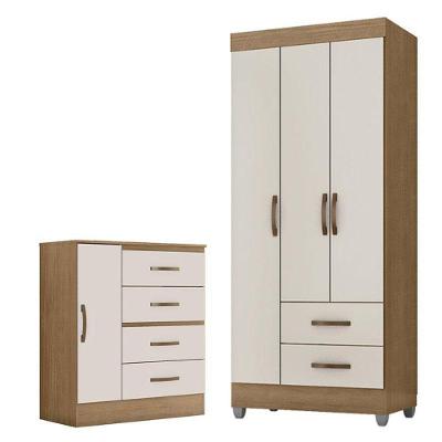 Guarda Roupa Solteiro 3 Portas E Cômoda 4 Gavetas E 1 Porta Lite Nature Off White – Móveis Leão