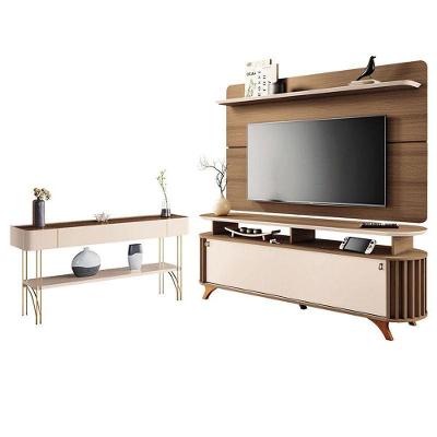 Rack Bancada Alba Com Painel Curv Com Aparador Vivant Castanho Off White – Hb Móveis