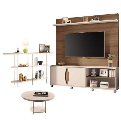 Estante Home Theater Luxor Castanho Off White E Aparador Infinity E Mesa De Centro Sky Off White- Hb Móveis