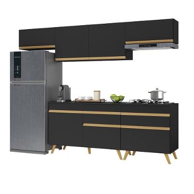 Armário De Cozinha Completa 260cm Veneza Multimóveis V3708 Preto/dourado Preto/dourado