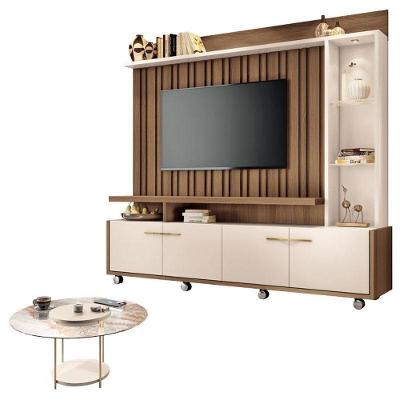 Estante Home Theater Titan Off White Castanho E Mesa De Centro Sky Com Tampo De Vidro Off White - Hb Móveis