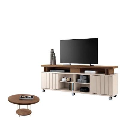 Rack Bancada Rivera 1.8 Com Mesa De Centro Sky Off White Castanho – Hb Móveis