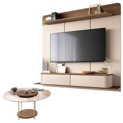 Home Suspenso Galax Castanho Off White E Mesa De Centro Sky Com Tampo De Vidro Castanho- Hb Móveis