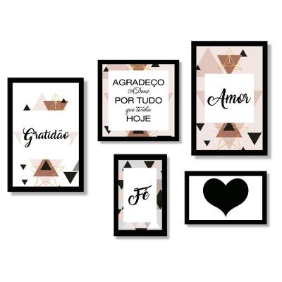 Kit 5 Quadros Decorativos Frases Amor Fé Gratidão Placa Sala