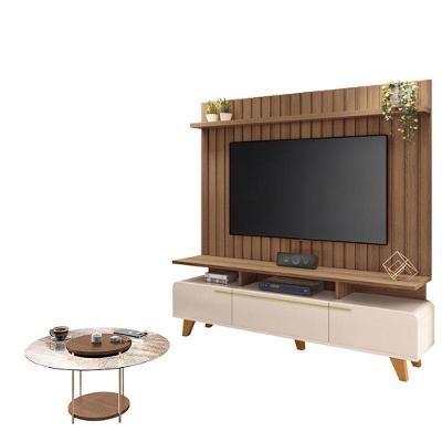 Rack Bancada Essenza E Painel Link 2.0 Com Mesa De Centro Sky Com Tampo De Vidro Off White Castanho – Hb Móveis