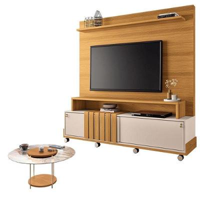 Estante Home Theater Bold Off White Cinamomo E Mesa De Centro Sky Com Tampo De Vidro Cinamomo – Hb Móveis