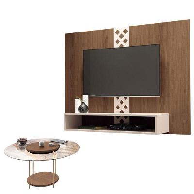Painel Para Tv Home Suspenso Form Com Mesa De Centro Sky Com Tampo De Vidro Castanho Off White – Hb Móveis