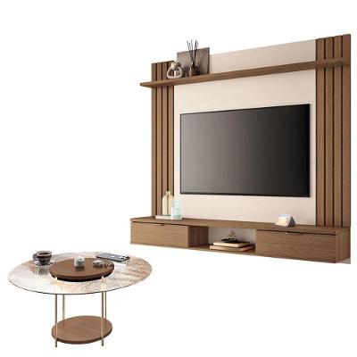 Painel Para Tv Suspenso Solus E Mesa De Centro Sky Com Tampo De Vidro Castanho Off White – Hb Móveis
