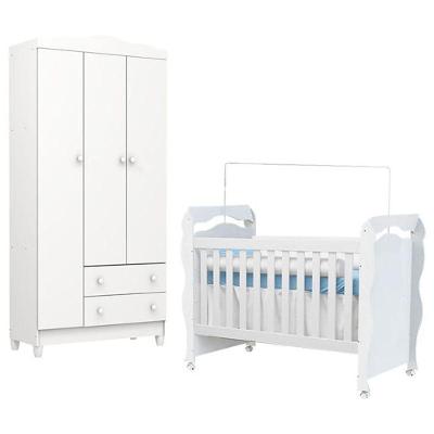 Berço Americano New Nanda Com Guarda Roupa Infantil Mel Flat 3 Portas Branco Brilho - Carolina