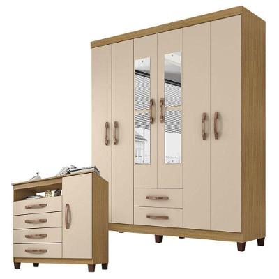Guarda Roupa Casal Modena Com Espelho 6 Portas E Cômoda Sapateira Cannes Carvalho Americano Off White – Incorplac