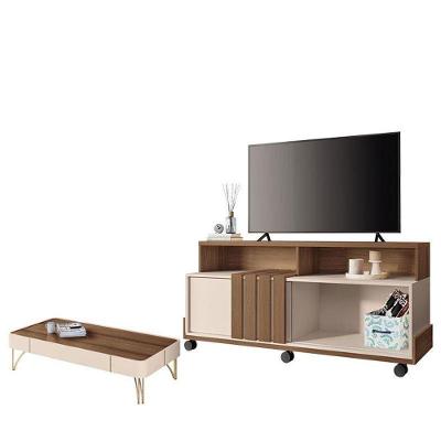 Rack Bancada Graci 1.3 Com Mesa De Centro Cadenza Castanho Off White – Hb Móveis