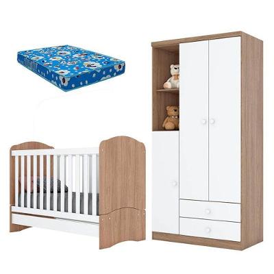 Berço Nacional Bala De Menta E Guarda Roupa Infantil Pique-esconde Rústico Branco Com Colchão Ortobom - Henn