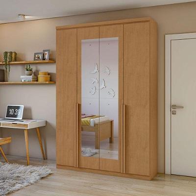 Guarda Roupa Solteiro Ambiente Alonzo 4 Portas Amêndoa Clean Com Espelho - Lopas