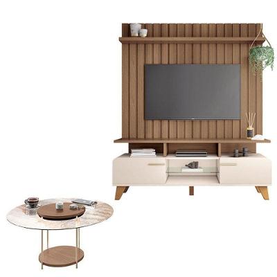 Rack Bancada Essenza E Painel Link 1.6 Com Mesa De Centro Sky Com Tampo De Vidro Off White Castanho – Hb Móveis