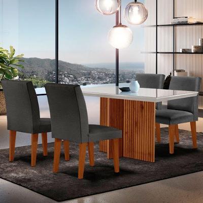 Sala De Jantar Mesa Olimpia 120 Mdf Vidro Canto Reto Com 4 Cadeiras Grafite/off White/imbuia Ripado