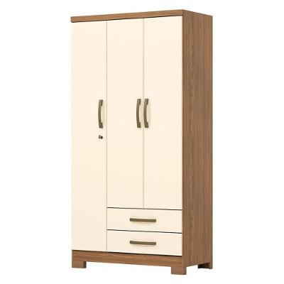 Guarda Roupa Solteiro Açai 3 Portas 2 Gavetas Com Chave Nature Off White - Henn