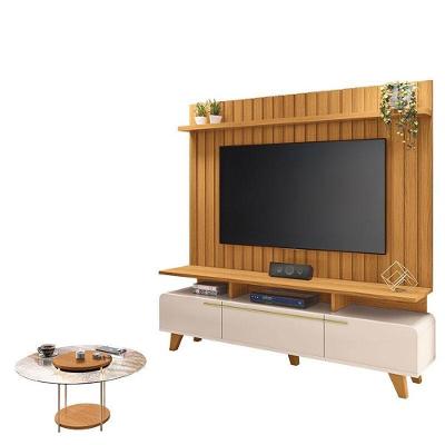 Rack Bancada Essenza E Painel Link 2.0 Com Mesa De Centro Sky Tampo De Vidro Off White Cinamomo – Hb Móveis