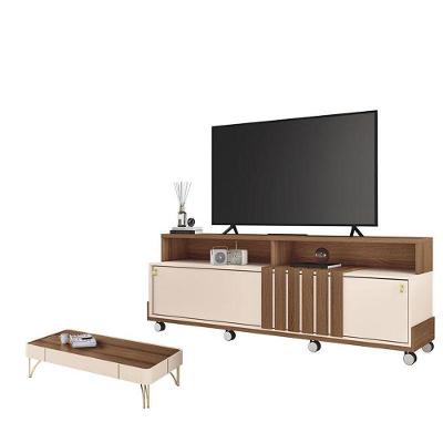 Rack Bancada Graci 1.8 Com Mesa De Centro Cadenza Castanho Off White – Hb Móveis