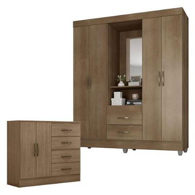 Guarda Roupa Casal Capela E Cômoda 4 Gavetas 2 Portas Lite Carvalho Oak – Móveis Leão