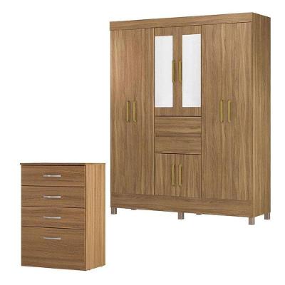 Cômoda Astral E Guarda Roupa Casal Munique Amêndola Touch Com Espelho - Demóbile