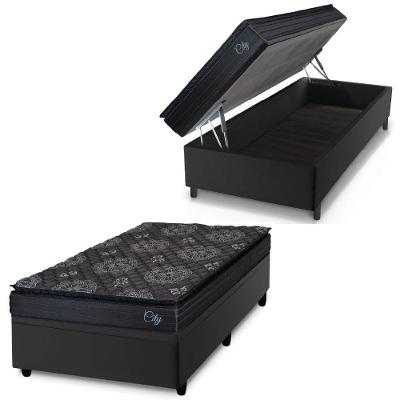 Cama Box Baú Solteiro Colchão Com Molas Ensacadas City Pillow Top 88x188x64cm Preto Hellen Preto