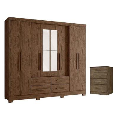 Guarda Roupa Casal San Lorenzo Com Espelho E Cômoda Ms913 Castanho Wood – Moval