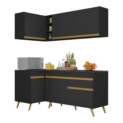 Armário De Cozinha Compacta De Canto Veneza Multimóveis V2057 Preto/dourado Preto/dourado