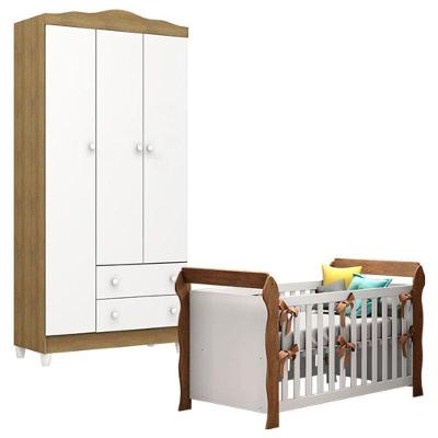 Berço Americano Lara Com Guarda Roupa Infantil Mel Flat 3 Portas Branco Acetinado Amadeirado – Carolina