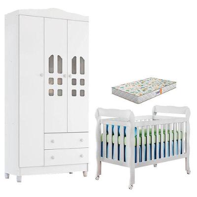 Berço Americano Lila E Guarda Roupa Infantil New Selena 3 Portas Branco Brilho Com Colchão Gazin – Carolina Móveis