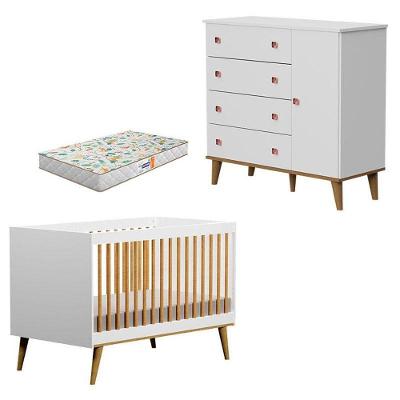 Berço Americano Ligia E Cômoda Fernanda Branco Acetinado Bétula Com Colchão Gazin – Carolina Baby